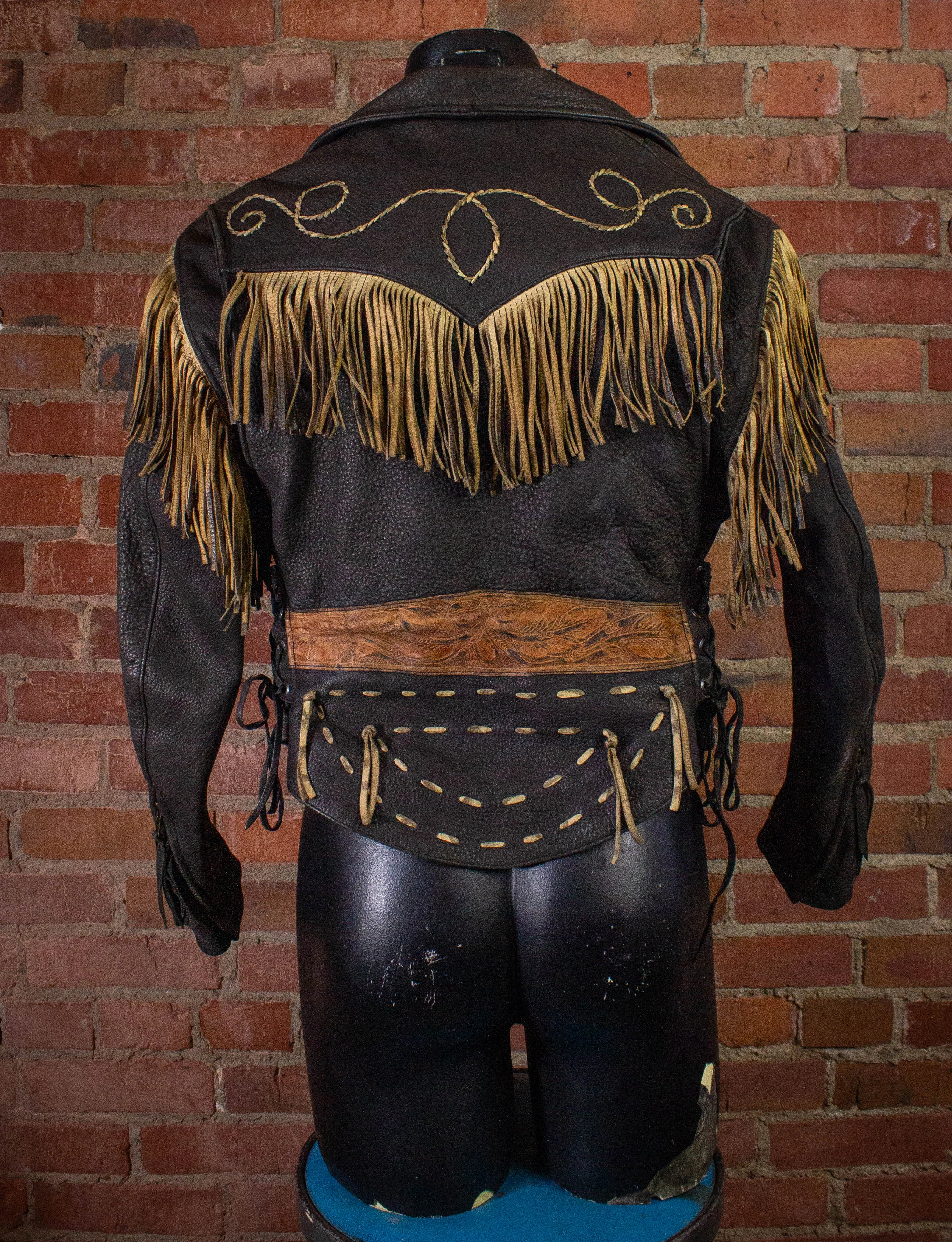 Vintage Cobra Larami Fringe Leather Jacket 70s Brown and Tan Small