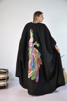 Women abaya, Peacock Abaya, Winter Hand embroidered abaya, Arabic abaya, Kimono jacket, Wool abaya, Elegant Abayas