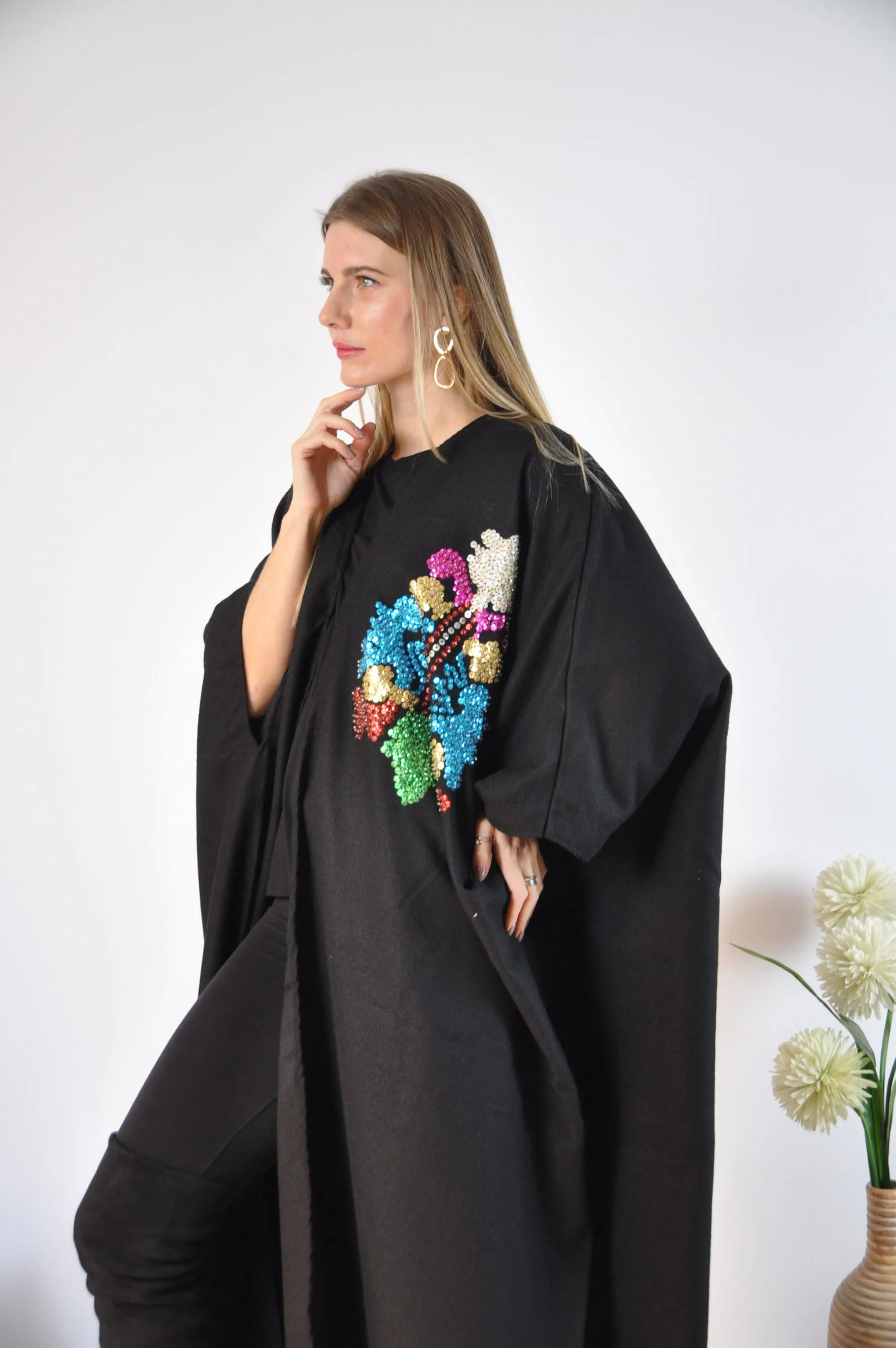 Women abaya, Peacock Abaya, Winter Hand embroidered abaya, Arabic abaya, Kimono jacket, Wool abaya, Elegant Abayas