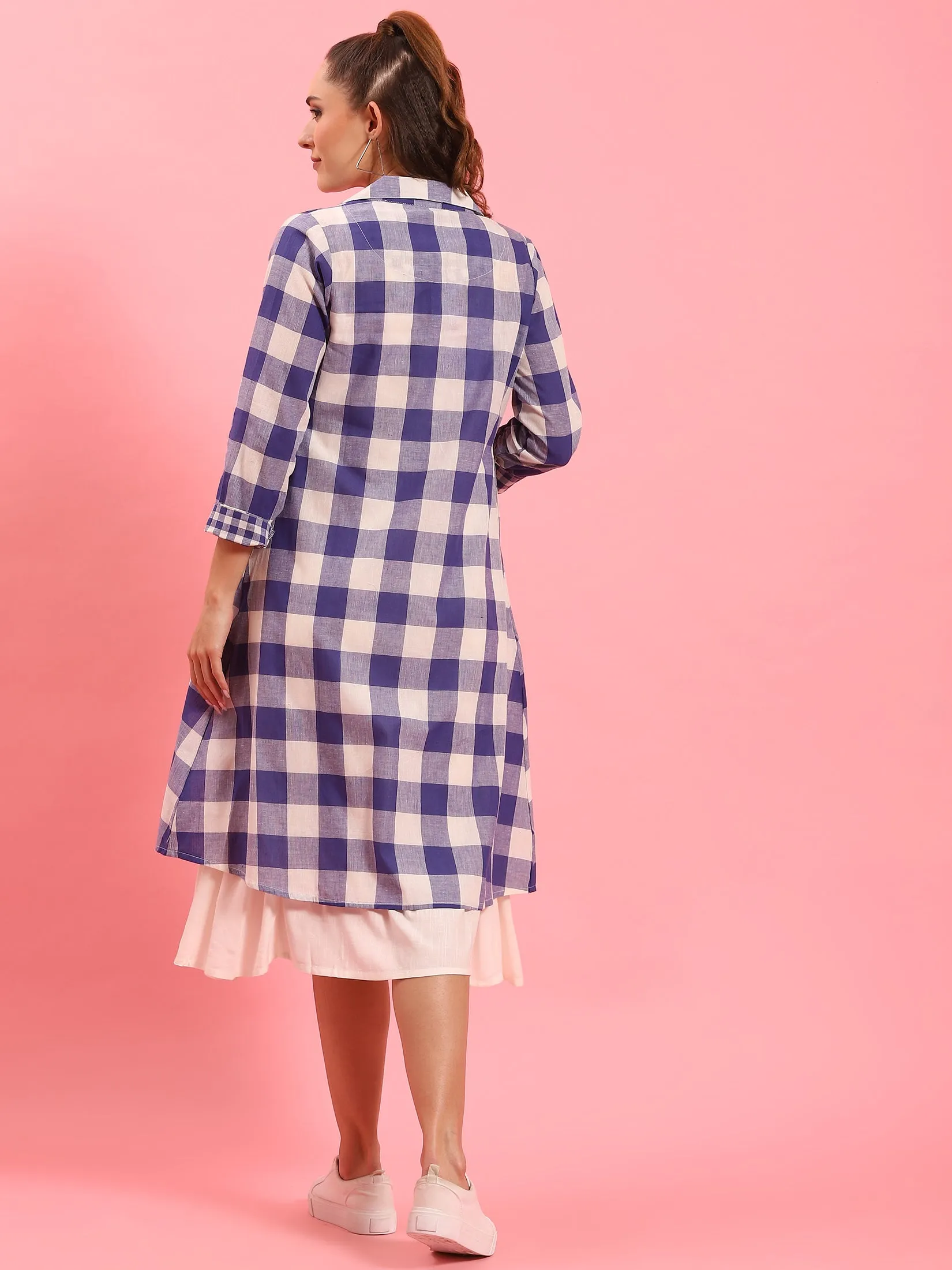 Women Blue Checked Dress With Jacket