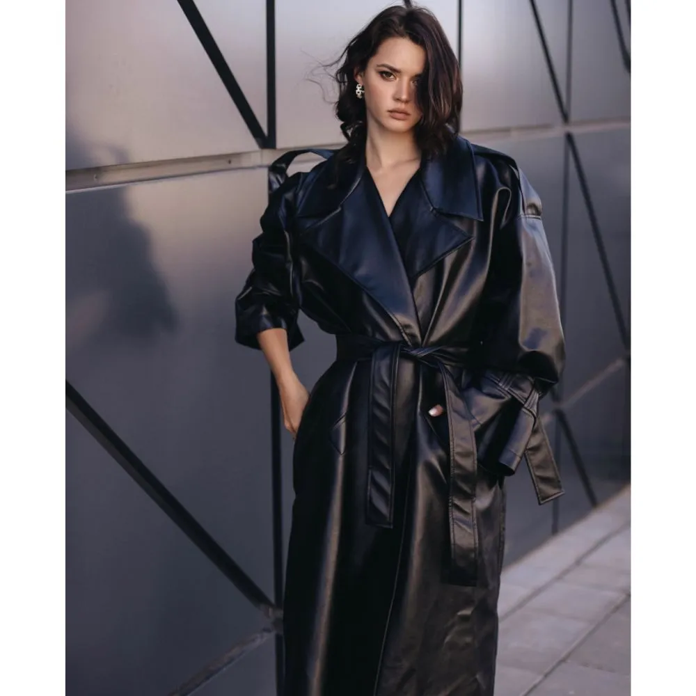 Women's Long Leather Trench Coat | KC Leather Signature Range - Sugar