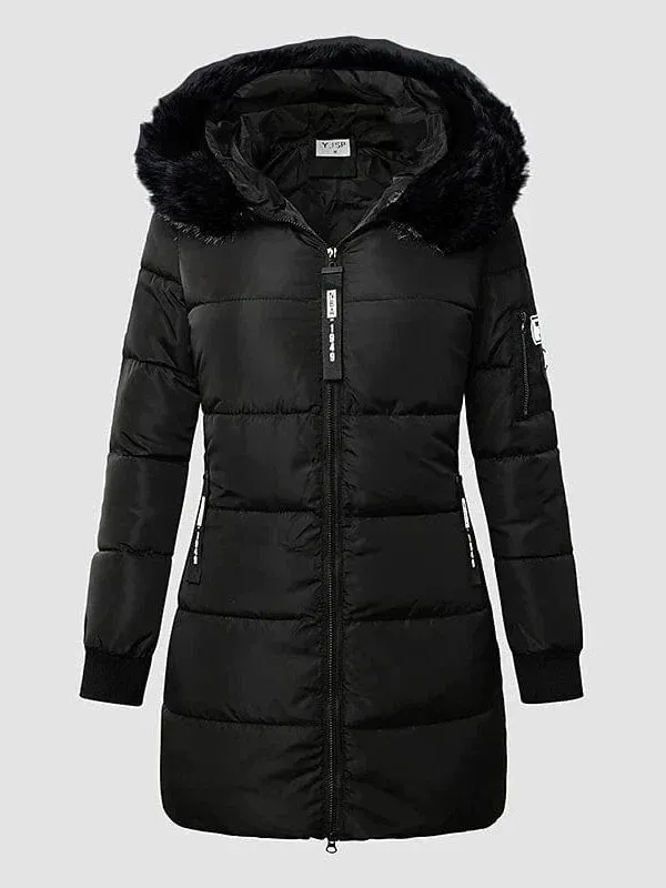 Women's Long Puffer Jacket with Fur Collar and Slim Fit