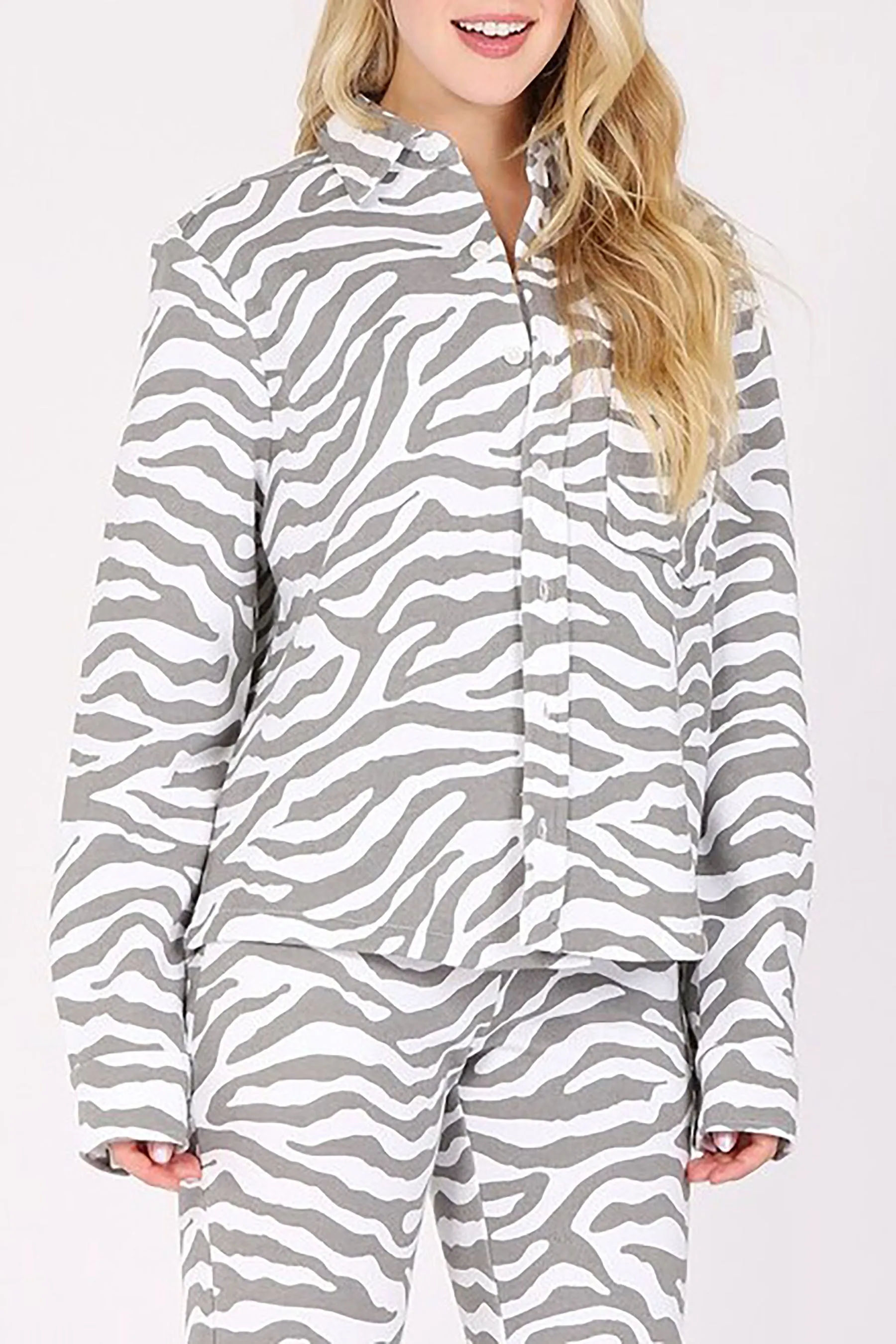 Women's Long Sleeve Button Down Animal Print Fleece Jacket