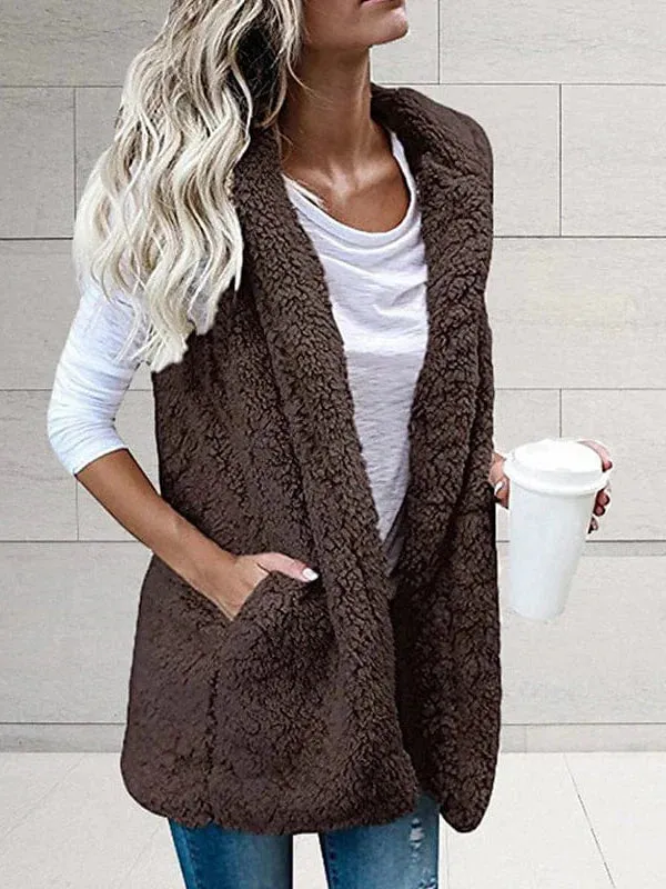 Women's Sleeveless Sherpa Jacket with Hood and Pockets for Fall and Winter