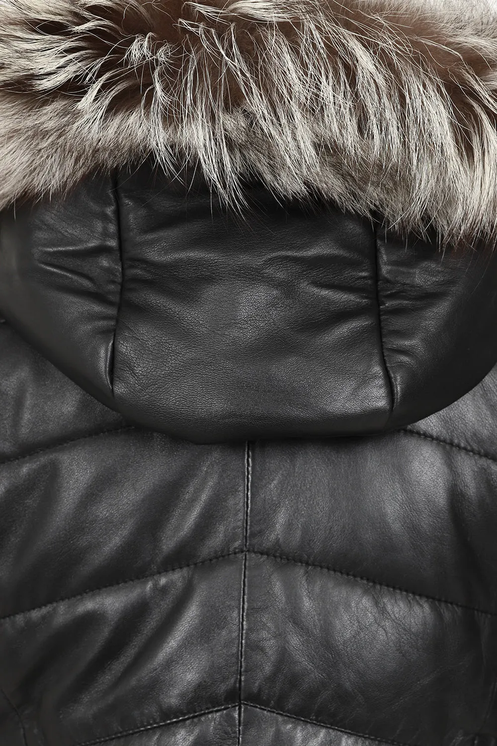 Women's Warm Quilted Genuine Black Leather Coat With Fur Hood - 'AMBER-AKTUS'