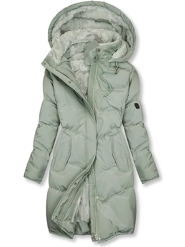 Women's Windproof Green Puffer Jacket with Hood and Zipper Pockets